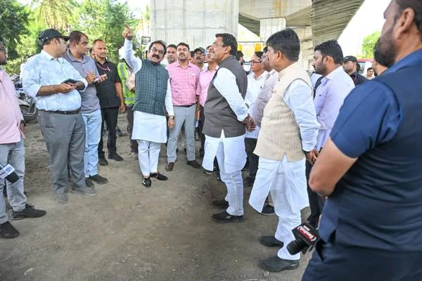 निर्माणाधीन पुल के पास सड़क पर अधिकारियों के साथ निरीक्षण करते मंत्री और विधायक